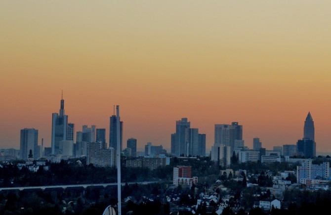 First day of spring: The skyline of Frankfurt in golden light